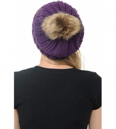 Skullies & Beanies Cable Knit Beanie with Faux Fur Pom - Warm- Soft- Thick Beanie Hats for Women & Men - Purple - CW18Y5DL8TC