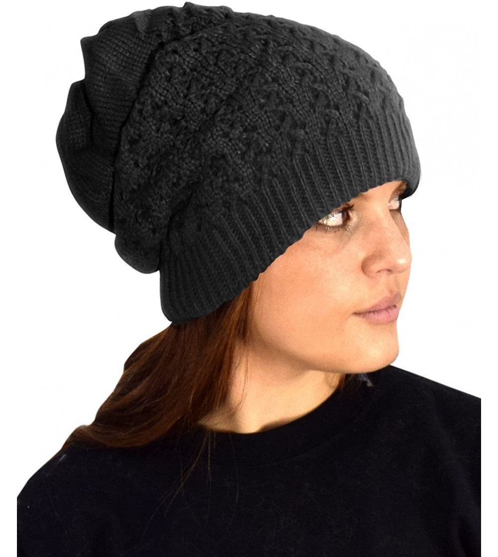 Skullies & Beanies Womens Knit Thick Warm Slouch Beanie Ski Hat Cap - Black - CT126OGV5LX