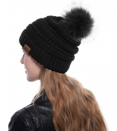 Skullies & Beanies 3 Pieces Knit Beanie Hat with Faux Fur Pom Hat Winter Baggy Cap Warm Bobbles Hat for Women - Black- Navy- ...