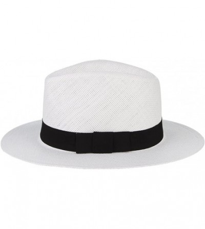 Fedoras Fedora Panama Hat Black Banded Wide Brim Summer Straw Cap - White - CC18D6MAKMR