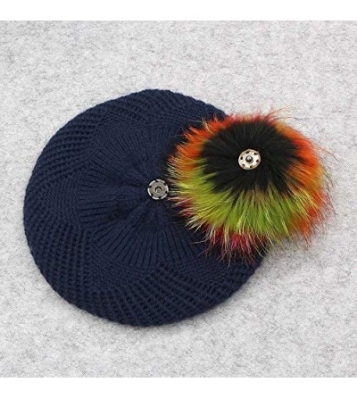 Berets Wool Knit Beret Hats for Women Spring Slouchy Beanie Cap with Pom Pom - Navy Blue - CL188M3K92T