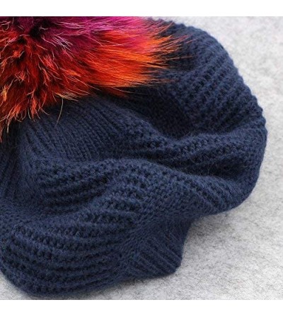 Berets Wool Knit Beret Hats for Women Spring Slouchy Beanie Cap with Pom Pom - Navy Blue - CL188M3K92T