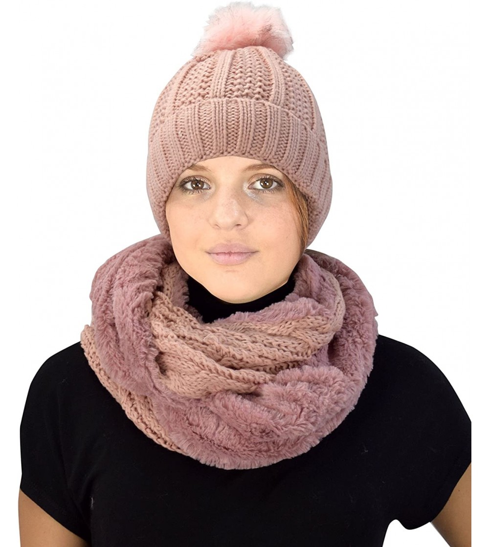 Skullies & Beanies Thick Warm Crochet Beanie Hat & Plush Fur Lined Infinity Loop Scarf Set - Pink - CF18849LMIC