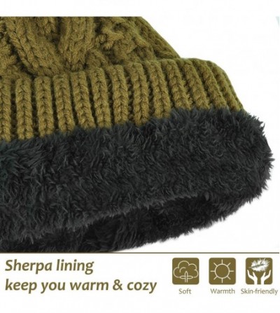 Skullies & Beanies Winter Thick Cable Knit Faux Fuzzy Fur Pom Pom Sherpa Lined Skull Ski Cap Cuff Beanie - Dark Olive - CB18L...