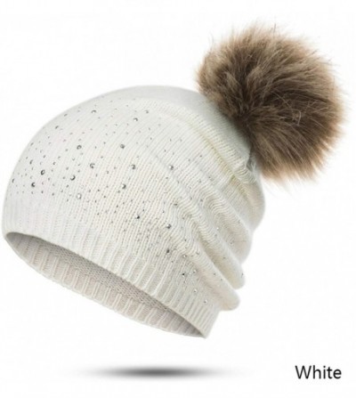 Skullies & Beanies Women's Winter Beanies Hat Knit Beanie Hat Pompom Female Rhinestone Skullies Hat - Navy - C118A2IEIAD