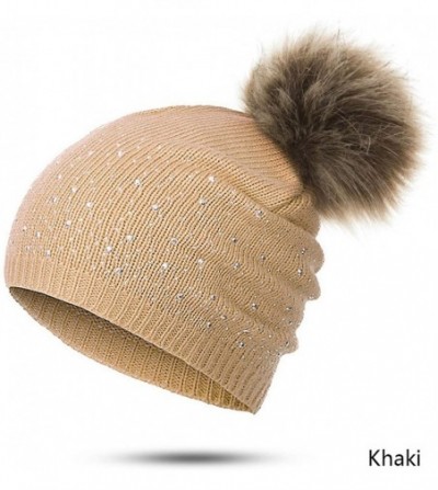 Skullies & Beanies Women's Winter Beanies Hat Knit Beanie Hat Pompom Female Rhinestone Skullies Hat - Navy - C118A2IEIAD