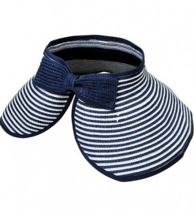 Sun Hats Womens UV Protective Floppy Sun Hat Wide Brim Beach Packable Straw Visor - Navy Blue/White - CC1803UDM6G