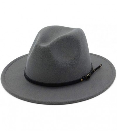 Fedoras Women's Classic Wide Brim Wool Fedora Panama Hat with Belt Buckle - Grey - C918I8I56QO