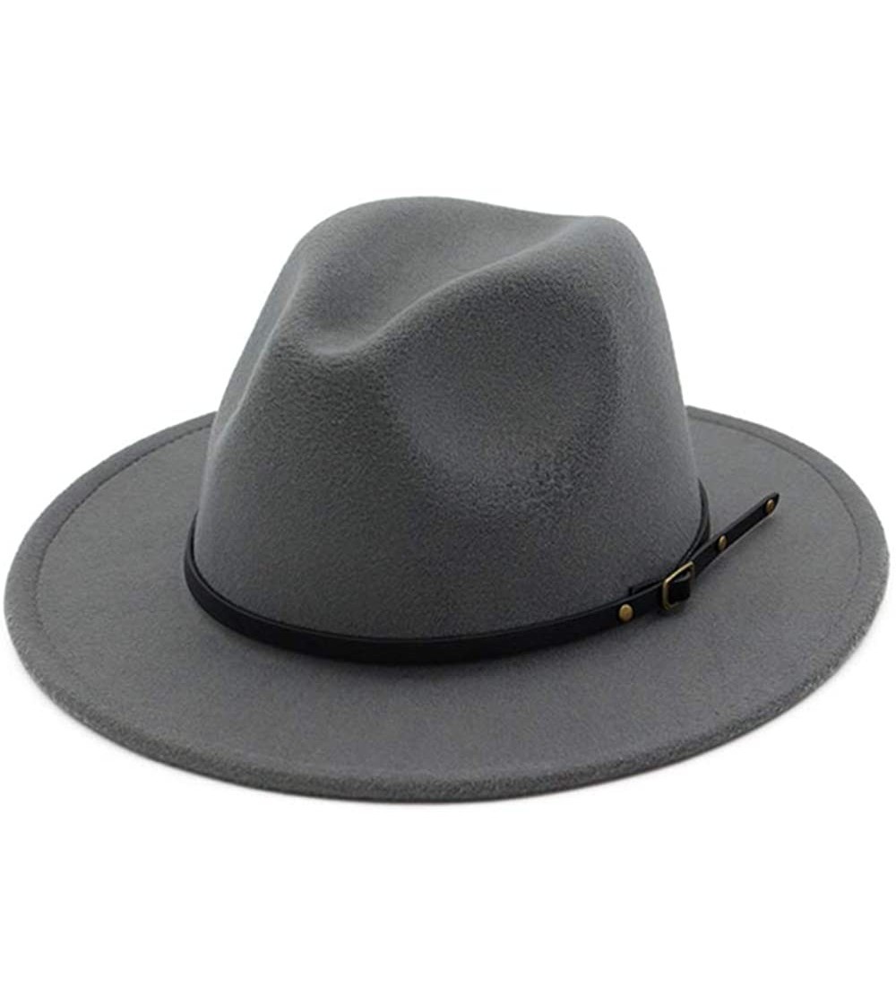 Fedoras Women's Classic Wide Brim Wool Fedora Panama Hat with Belt Buckle - Grey - C918I8I56QO