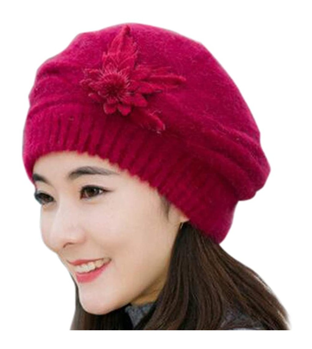 Skullies & Beanies Fashion Womens Flower Crochet Hat Winter Warm Cap Beret Knit Beanie for Women - Wine Red - CN18L2SEKLZ