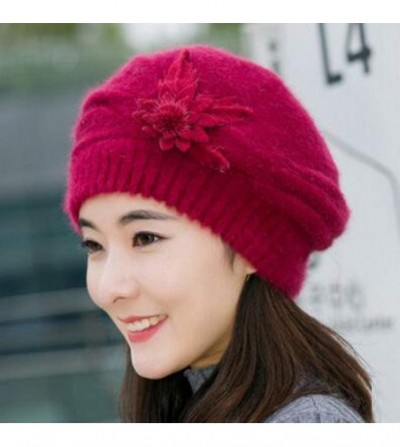 Skullies & Beanies Fashion Womens Flower Crochet Hat Winter Warm Cap Beret Knit Beanie for Women - Wine Red - CN18L2SEKLZ