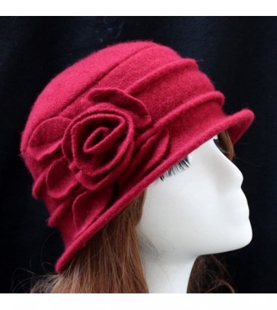 Fedoras Women 100% Wool Solid Color Round Top Cloche Beret Cap Flower Fedora Hat - 1 Dark Red - CK186WYA23Q