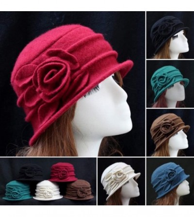 Fedoras Women 100% Wool Solid Color Round Top Cloche Beret Cap Flower Fedora Hat - 1 Dark Red - CK186WYA23Q