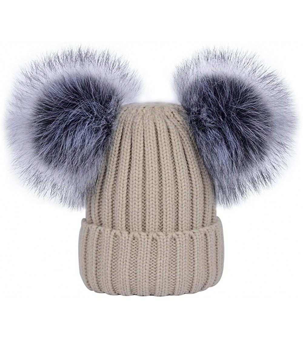 Skullies & Beanies Women's Winter Ribbed Knitted Beanie Hat with Double Faux Fur Pom Pom - Beige - CB1897Q6S8S