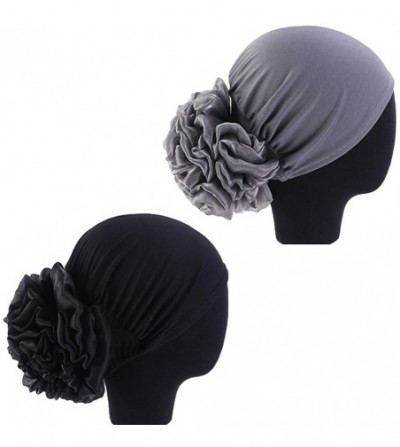 Skullies & Beanies 1Pack / 2Packs Women Flower Elastic Turban Beanie Head Wrap Chemo Cap Hat - 2pcs-black&gray - CB18OSHGI0Y