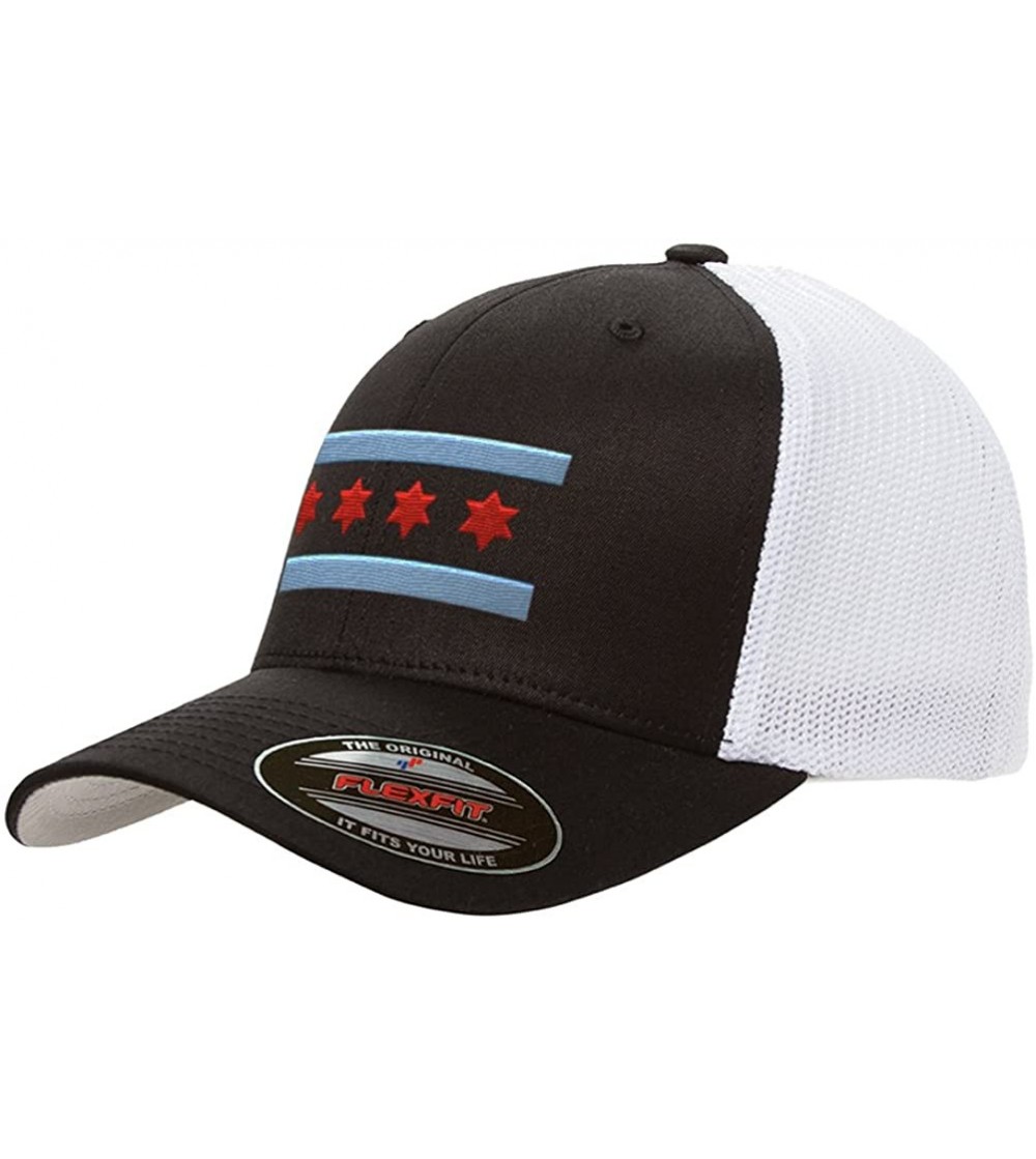 Baseball Caps Chicago Flag Mesh Snapback Premium Yupoong Adult Retro Trucker Cap Hat 6606 (Black/White) - C8180RCYGE7