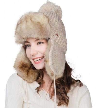 Skullies & Beanies Ladies Earflap Trapper Hat Faux Fur Hunting Hat Fleece Lined Thick Knitted - 99725_beige - CT18KIRUURI