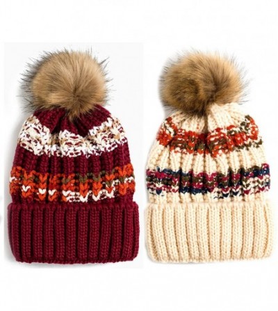 Skullies & Beanies Women Winter Soft Knitted Beanie Hat Fur Pom Beanie Fleece Lined Extra Thick - 2 Pack-black & Beige - C018...