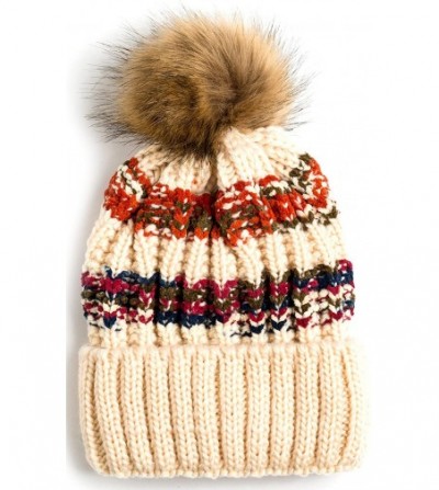 Skullies & Beanies Women Winter Soft Knitted Beanie Hat Fur Pom Beanie Fleece Lined Extra Thick - 2 Pack-black & Beige - C018...