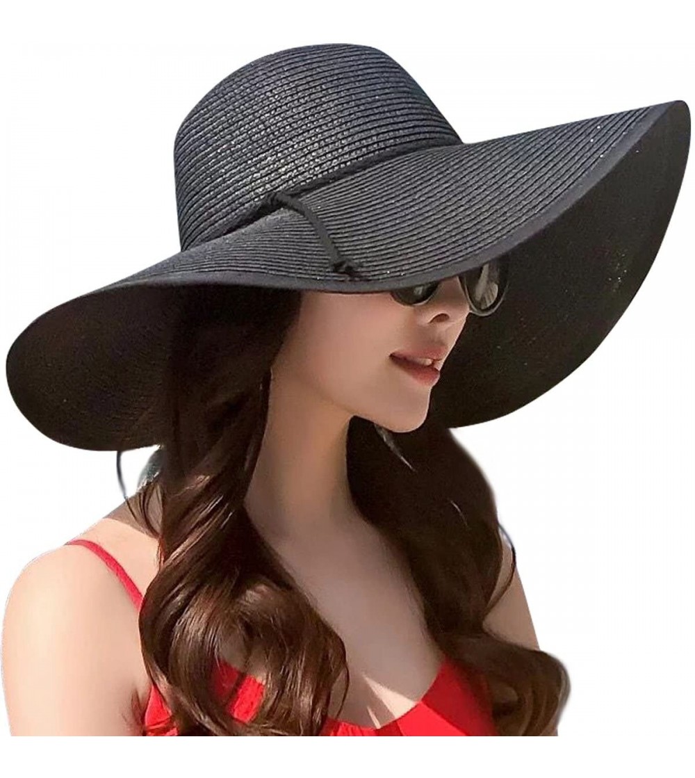 Sun Hats Women Big Bowknot Straw Hat Floppy Foldable Roll up UV Protection Beach Cap Sun Hat - Style B-black - CQ18OSQT5EC