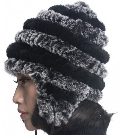 Bomber Hats Women's Rex Rabbit Fur Hats Winter Ear Cap Flexible Multicolor - Grey & Black - CN11FG5AP73