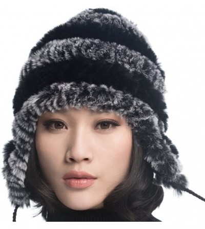 Bomber Hats Women's Rex Rabbit Fur Hats Winter Ear Cap Flexible Multicolor - Grey & Black - CN11FG5AP73