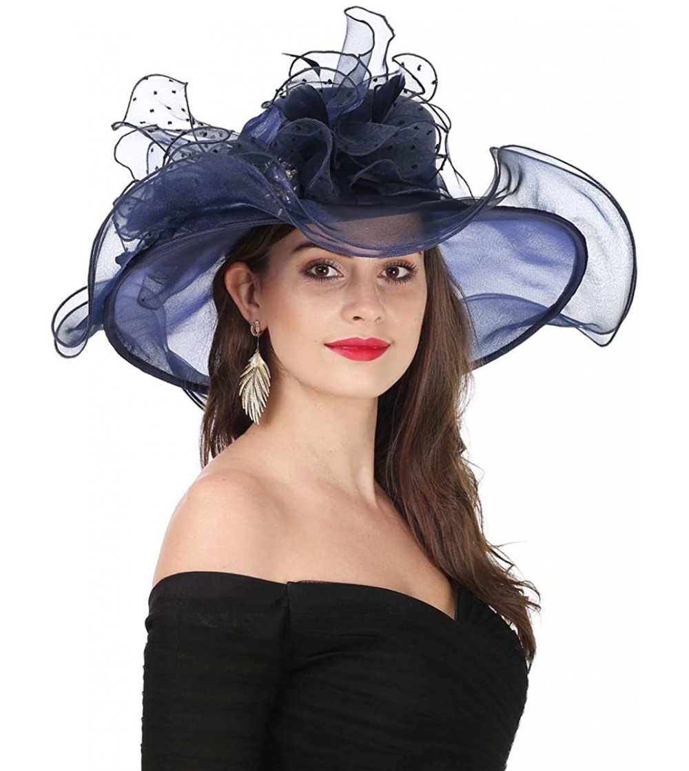 Sun Hats Women Kentucky Derby Church Beach Fascinators Hat Wide Floral Brim Flat Hat with Bowknot - New Navy - CM18E63HOCW