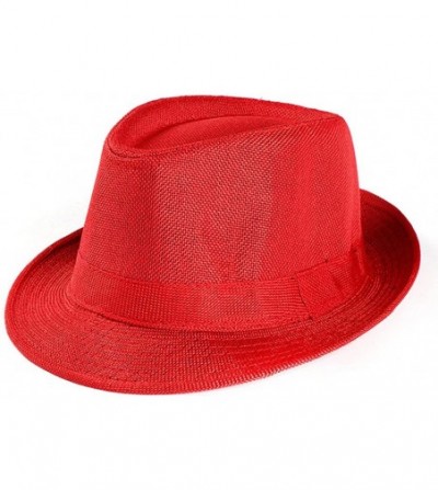 Fedoras Unisex Trilby Gangster Cap Beach Sun Straw Hat Band Sunhat - Red - CO18LAMSZ0O