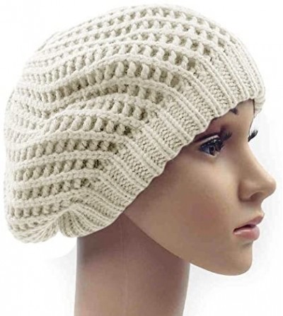 Skullies & Beanies Winter Warm Double Layer Crochet Knit Beret Beanie Slouchy Hat - Cream - CH12N6GZG9Y