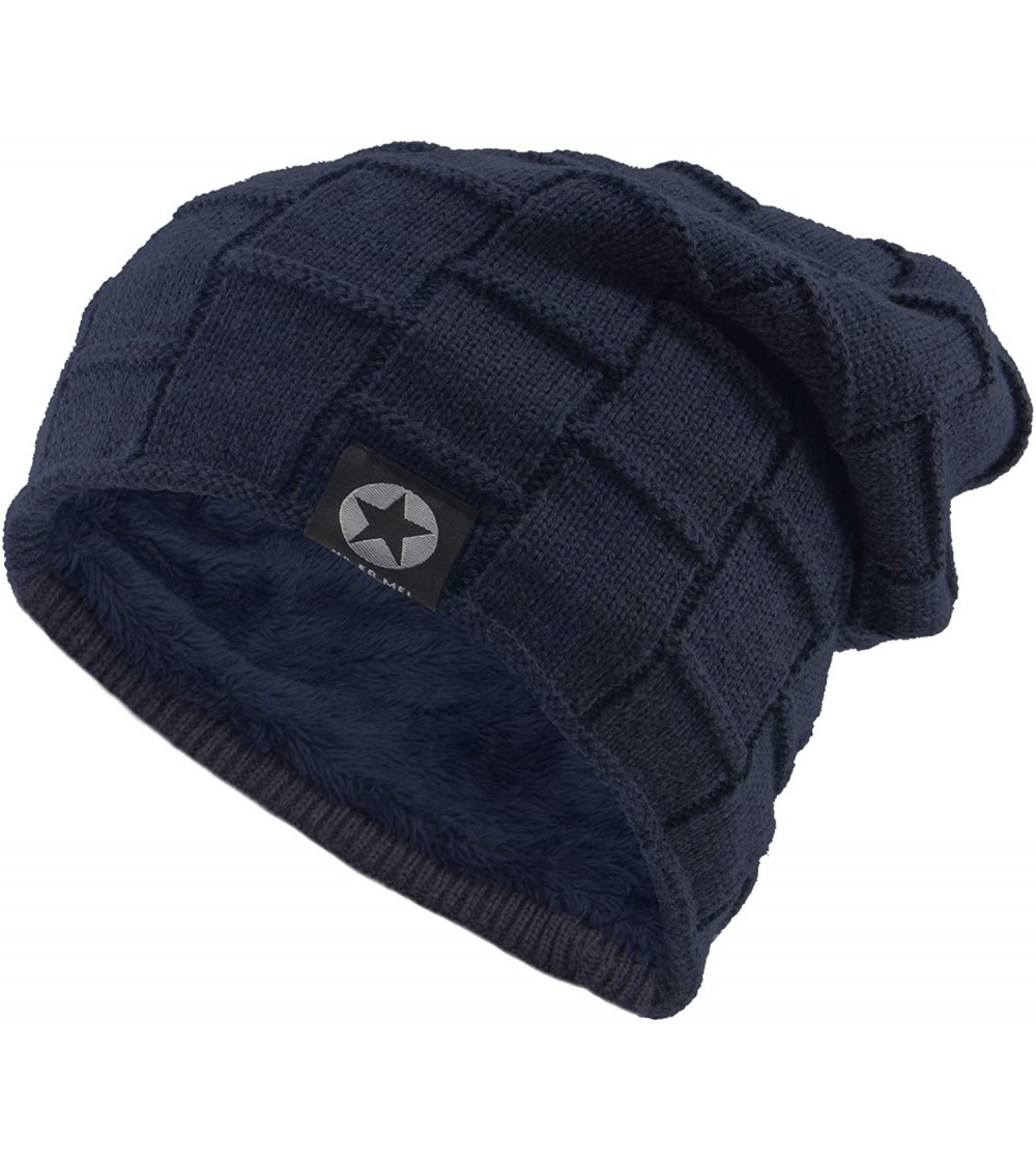 Skullies & Beanies Fleece Slouchy Beanie Hat Men Winter Knit Lined Caps Women Warm Thick Skullies - 1 Pack Navy - C118I029XUS