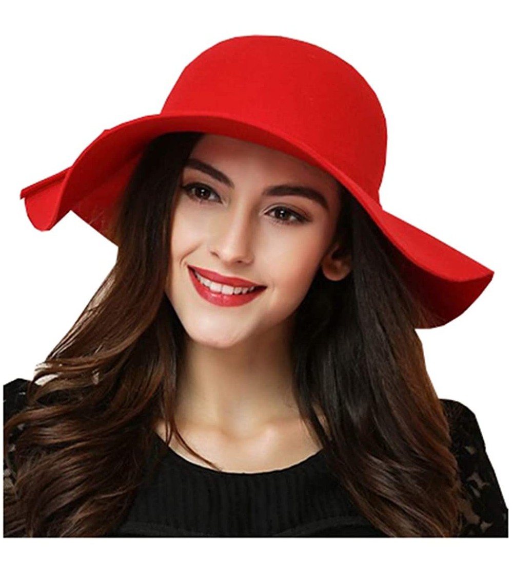 Sun Hats Women's 100% Wool Foldable Wide Brim Retro Fedora Floppy Felt Bowler Hat - Red - CY187QEC6YR