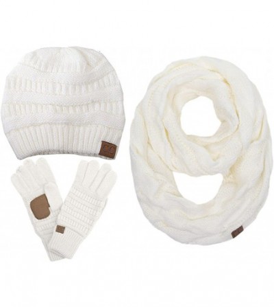 Skullies & Beanies 3pc Set Trendy Warm Chunky Soft Stretch Cable Knit Beanie Scarves Gloves Set - Ivory - CV187GO692K