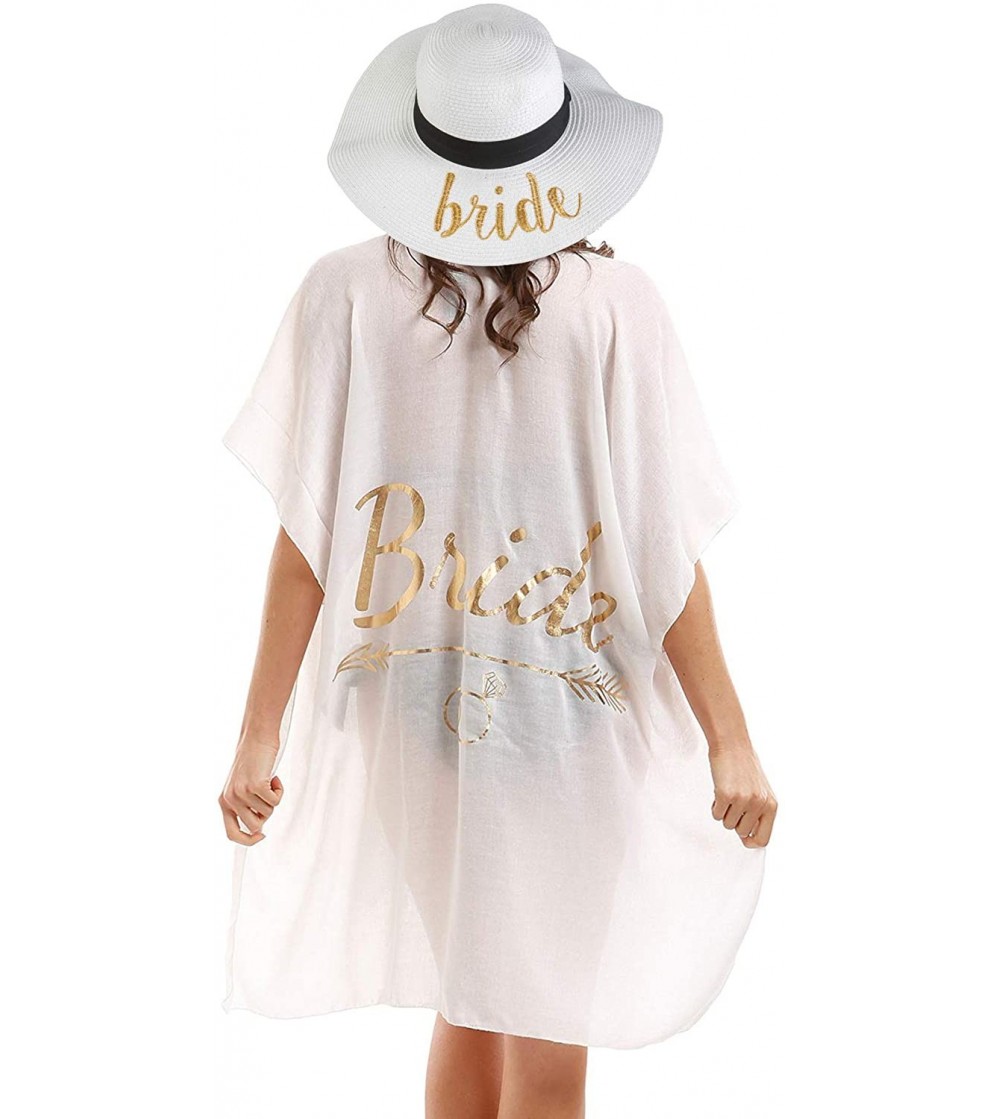 Sun Hats Womens Beach Sun Hat Cover Up Bridal Bride Tribe Maid of Honor Bundle - Bride - White Hat/White Cover Up - CQ18SR0YMCZ