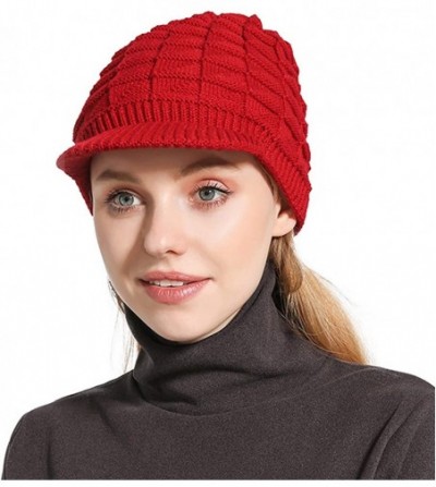 Skullies & Beanies Womens Winter Warm Ribbed Beanie Hat with Brim- Girls Knit Visor Pom Pom Ski Cap - 2 - CQ192NA7SCI
