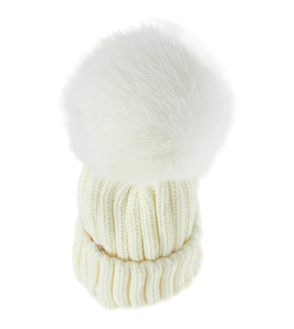 Skullies & Beanies Winter Knit Hat Kids Real Fur Pom Pom Warm Beanie Hat - White (Real Fox Fur) - CQ18Y2C2E5U