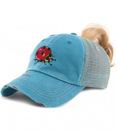 Baseball Caps Custom Womens Ponytail Cap Ladybug Embroidery Messy Bun Distressed Trucker Hats - Turquoise Design Only - C0195...