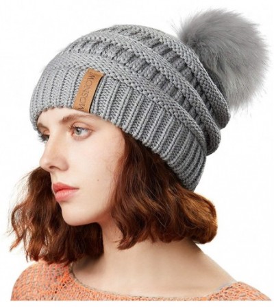 Skullies & Beanies Women's Winter Hat Slouchy Beanie Knit Watch Cap Faux Fur Pom Pom Hat Crochet Hats for Women - Gray - CI18...