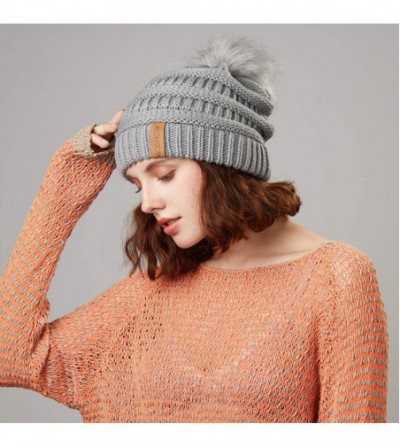 Skullies & Beanies Women's Winter Hat Slouchy Beanie Knit Watch Cap Faux Fur Pom Pom Hat Crochet Hats for Women - Gray - CI18...