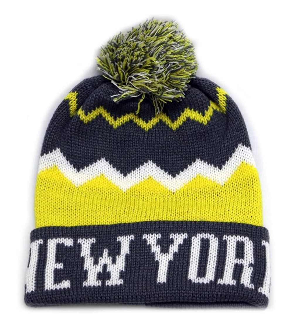 Skullies & Beanies Zig Zag Pattern New York Pom Pom Knit Hat - Dark Grey/Yellow - C711OQ8ED9N