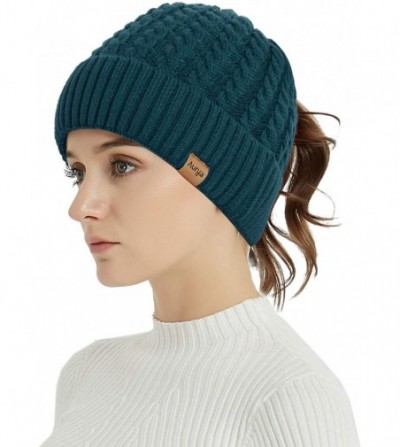 Skullies & Beanies Womens Ponytail Messy Bun Beanie Winter Warm Stretchy Cable Knit Cuffed Beanie Hat Cap - Teal Blue - C918Z...