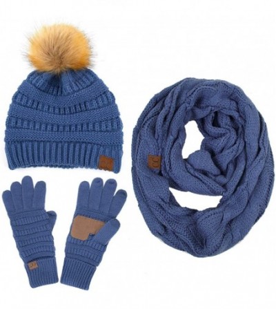 Skullies & Beanies 3pc Set Trendy Warm Chunky Soft Stretch Cable Knit Pom Pom Beanie- Scarves and Gloves Set - Dark Denim - C...