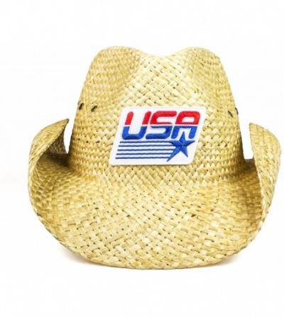 Cowboy Hats USA Western Straw Cowboy Hat - Lightweight Outdoor Wide Brim Sun Hat - Natural W/Usa Olympic Flag - C918ELUUS77