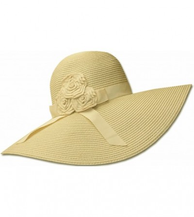 Sun Hats Womens UPF 50+ 100% Paper Straw Ribbon Flower Accent Wide Brim Floppy Hat - Natural - CW1190EY91Z