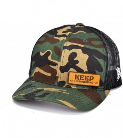 Baseball Caps Cam Hanes Keep Hammering Leather Patch Hat Curved Trucker - Camo - C418IGNYCGH