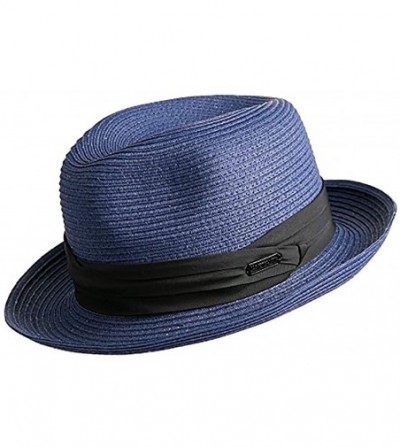 Fedoras Unisex Straw Fedora Hat Summer Beach Cuban Trilby Sun Hats Curl Brim - Blue - CZ1805W5W54