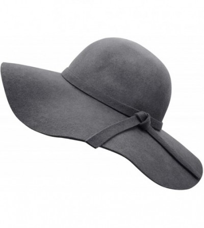 Fedoras Women's Wide Brim Wool Ribbon Band Floppy Hat - Grey - CC18ICNGMUZ