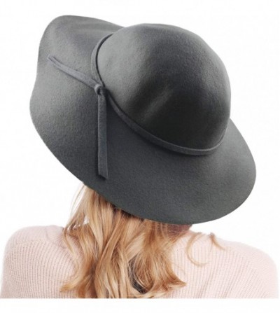 Fedoras Women's Wide Brim Wool Ribbon Band Floppy Hat - Grey - CC18ICNGMUZ