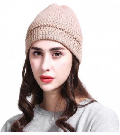 Skullies & Beanies Women's Wool Knit Fold Over Beanie Embellished with Rhinestones Winter Hat - Pink - CZ187GNT2N4
