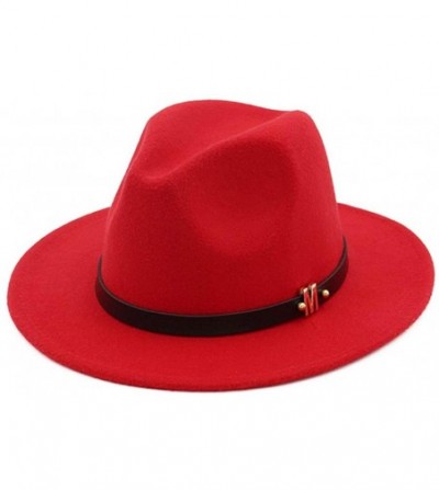 Fedoras Men's Woolen Wide Brim Fedora Hats Classic Vintage Fashion Trilby Hat Jazz Cap with Black Leather Belt - Red - CN18R6...