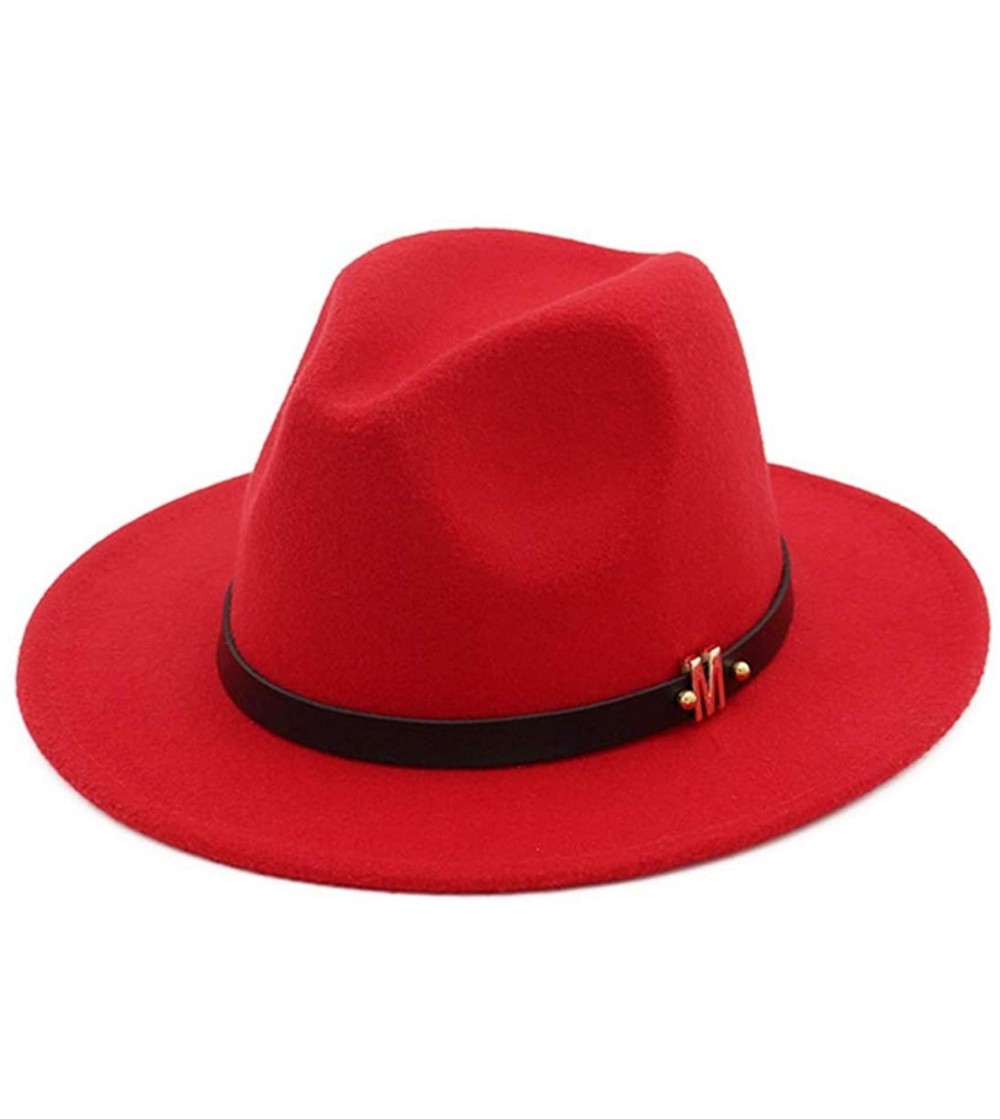 Fedoras Men's Woolen Wide Brim Fedora Hats Classic Vintage Fashion Trilby Hat Jazz Cap with Black Leather Belt - Red - CN18R6...